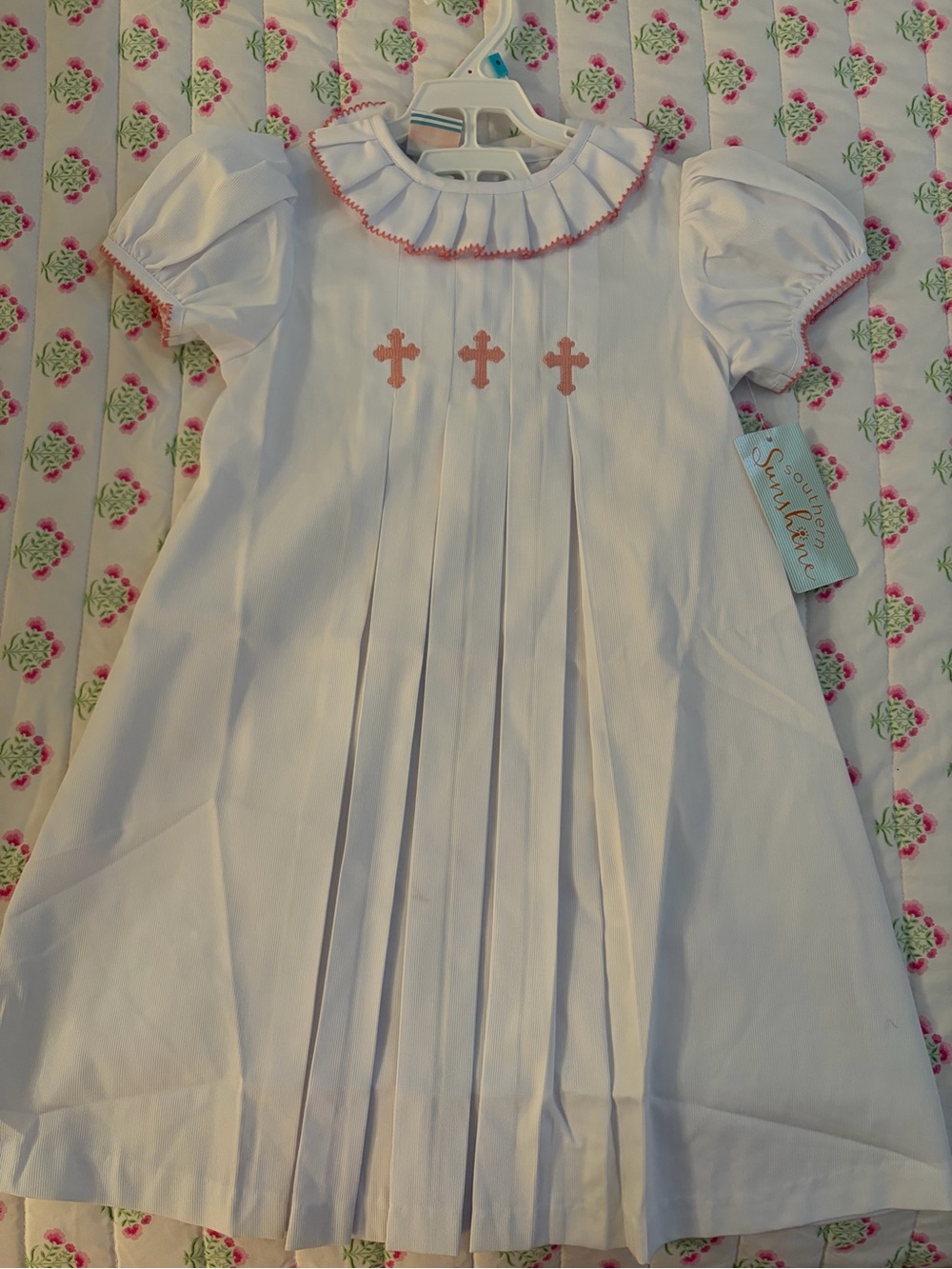 White Girls Pleated Dress with Pink Trim and Cross Embroidery